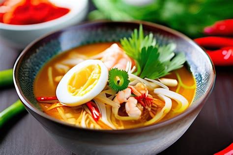  Laksa Penang: Uma explosão de sabores picantes e uma sinfonia cremosa de frutos do mar!